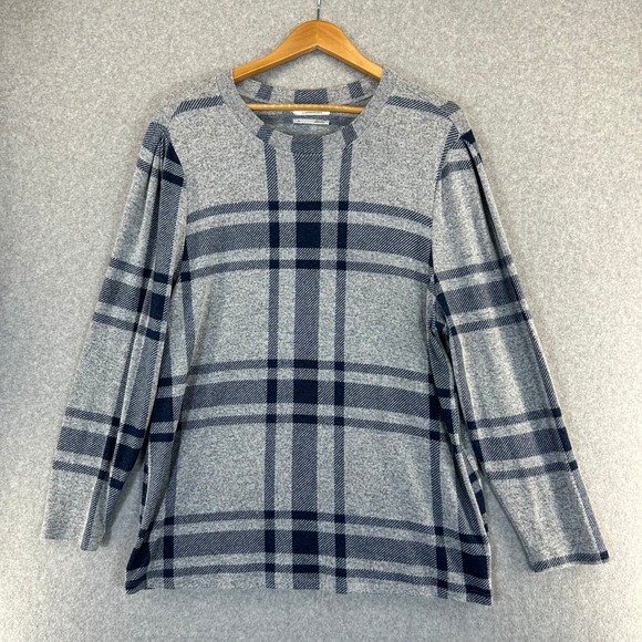 Anthropologie Sweaters - Anthropologie Gray Navy Blue Plaid Sweater Preppy Casual Crew Neck‎ Womens XL